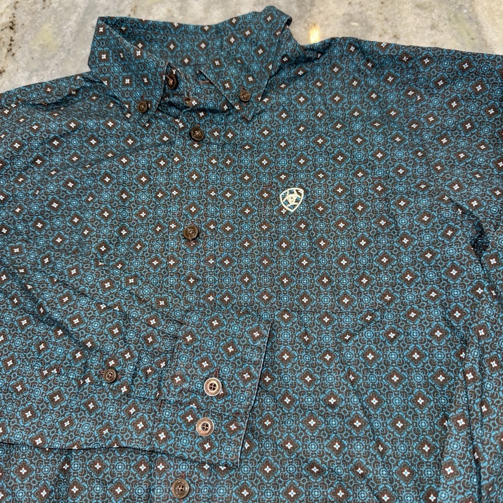 Ariat Youth Boys Sz Medium 10/12 Teal Gray Button Down Shirt Western Cowboy